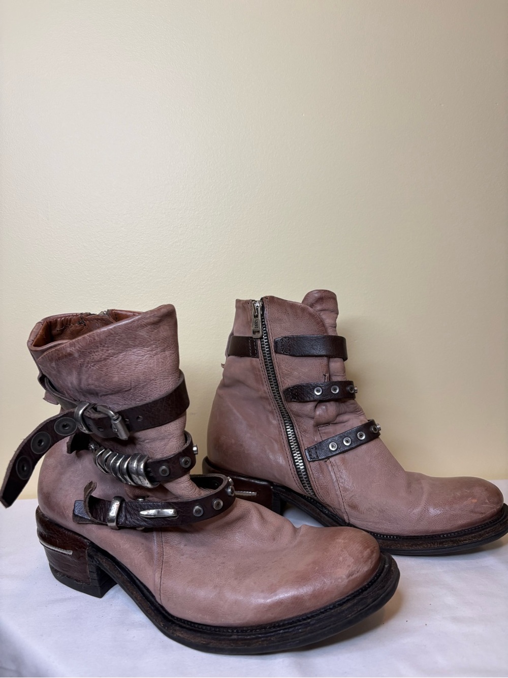 A.S.98 Dusty Taupe Leather Ankle Booties with Dark Brown Straps Size 38